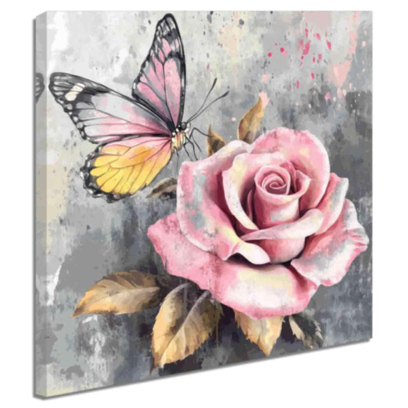 ZQQART Pink Rose Flower Pictures Wall Art Floral with Butterfly Pictures on Grey Canvas Prints Pink Wall Decor Living Room Decor (A,50x50cm)