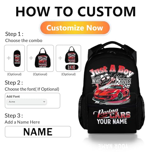 School Backpack for Boys, Personalized with Name Racing Car Backpacks for Students Kids 6-8, 17 Inches Cartoon Bookbag with Pockets for Kindergarten, Primary, Elementary, Back to School Supplies2