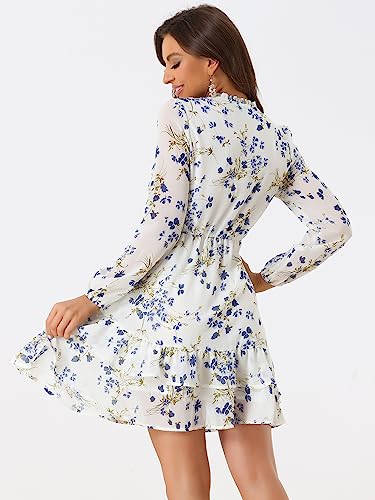 Image of Allegra K Women's Spring Dresses 2026 Tie V Neck Semi Sheer Long Sleeve Layered Tiered Chiffon Mini Floral Dress