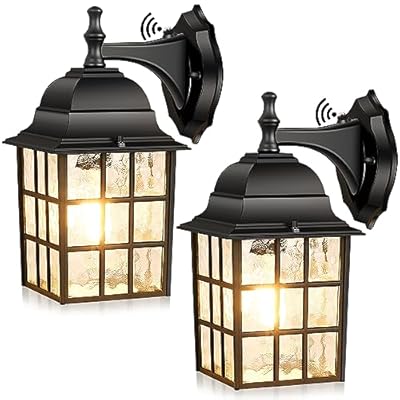 Brightever 2-Pack Dusk to Dawn Outdoor Wall Lantern, Exterior Light Fixtures with Photocell Sensor, Black Wall Light Waterproof, Waterfall Glass Outside Wall Sconce for Porch House Garage