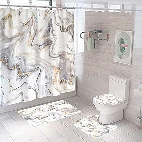 Marble Shower Curtain with Bath Mats Sets, 4 Pcs Gold Abstract Washable Bathroom Décor Set with Toilet Lid Cover, Non-Slip Rugs, Absorbent Pads and Waterproof Bathtub Curtains with Hooks (Silver) Cover