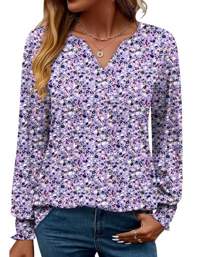 Rapbin Damen Top Langarm Elegant Bluse Locker V-Ausschnitt Basic Oberteile Shirt Casual Herbst Tunika (L,Lila und Weiß Blumen)