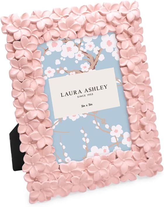 Laura Ashley 2x3 Pink Flower Textured Hand-Crafted Resin Picture Frame w/Easel & Hook for Tabletop & Wall Display, Decorative Floral Design Home D cor, Photo Gallery, Art (2x3, Pink)