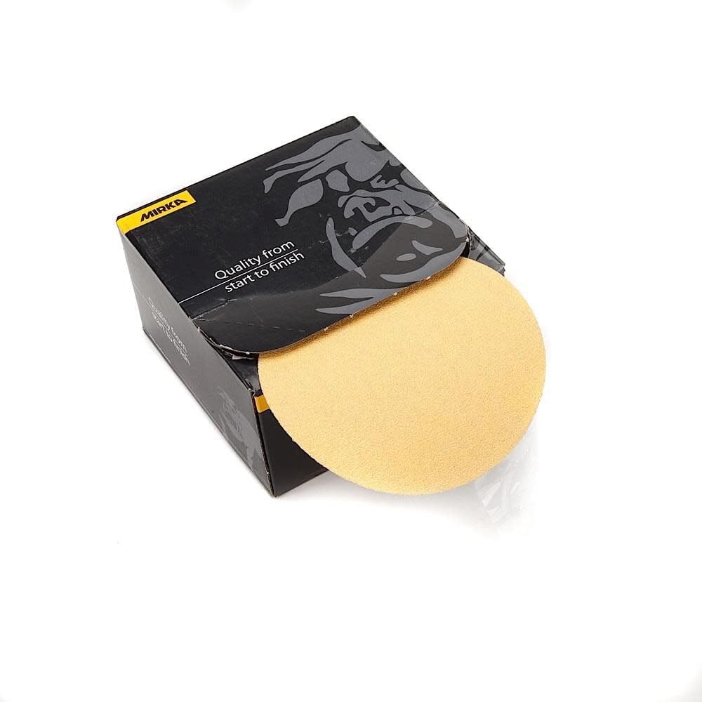 Mirka Dischi di carta vetrata adesivi dorati, 12,7 cm, grana 240, senza fori/PSA, 100 pezzi, per levigatrice orbitale, cuscinetti di carta abrasiva per legno, compositi, automotive 23-388-240