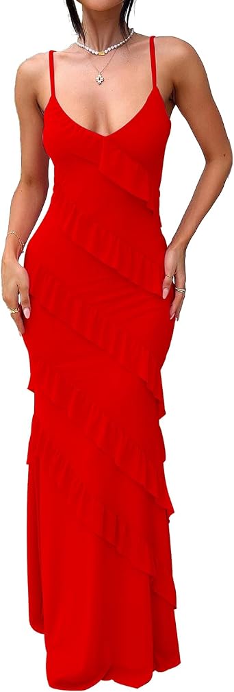 HOCILLE Womens Sexy V Neck Backless Bodycon Spaghetti Strap Elegant Ruffle Maxi Cocktail Party Dresses