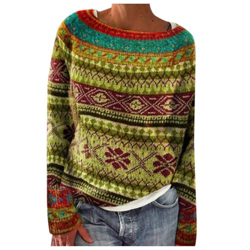 Generisch Jersey de invierno cálido para mujer, elegante, de cachemira, tallas grandes, con estampado de cuello redondo, cómodo jersey de lana de manga larga, informal, suéter de lana
