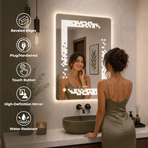 Image of Plantex LED Mirror for Wash Basin with 3 Tone /Designer Mirror for Living Room /Bedroom /Dressing Room - Rectangle Shape (18 X 24 Inch)