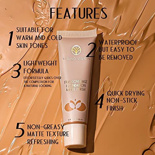 Young Vision Full Coverage Longwear Foundation, Matte Finish, Waterproof, Poreless Liquid Foundation Makeup, Base De Maquillaje Alta Cobertura, 1 Fl.oz #TOP5