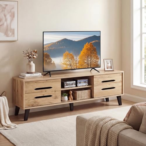 Giantex Mid Century Modern TV Stand for 55-65 Inch TV, Entertainment Center with Smooth Dual Sliding Doors, 2-Tier Open Shelf & 2 Side Cabinets, Wood Media Console Table for Living Room Bedroom, Oak