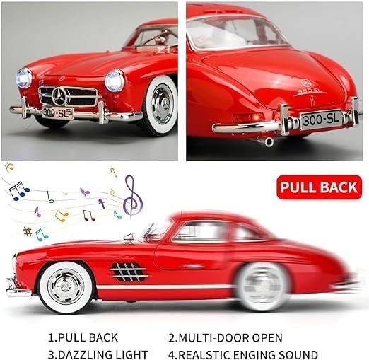 Image of Diecast Mercedes Benz 300 SL Toy Car - 1:32 Scale Alloy Vintage Car with Light & Sound, Pull-Back Toy for Kids & Collectors, Gift for Boys & Enthusiasts- (White)