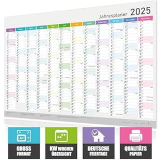Calendario De Pared XXL 2025 - Planificador Anual Tamaño Póster 74.2x52.5 Cm, Diseño Claro Con Pegatinas, Color Azul