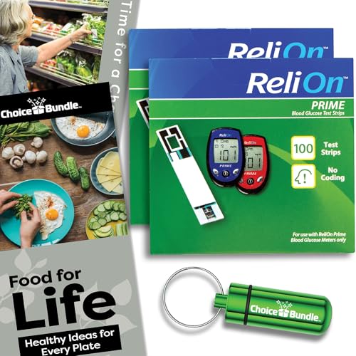 ReliOn Prime Blood Glucose Test Strips 100 Ct Reli On 2 Pk Choice Bundle (200 Total) + Food for Life & Portable Pill Holder (4 Items)!