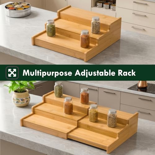 Image of Farmical 3-Tier Expandable Wooden Spice Rack Organizer for Kitchen (30-60cm) | Adjustable Step Shelf for Countertop & Cabinets | Multi-Purpose Masala Jar Storage Stand for Pantry & Cupboard
