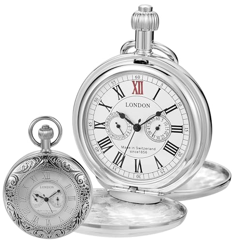 Image of Copper Pocket Watch Steampunk Roman Number Scale Mechanical London Hand Wind Mens Watches with Chains & Boxs