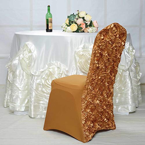 Balsacircle 10 Pcs Gold Satin Raised Roses Spandex Stretchable Banquet Chair Covers Slipcovers For Wedding Reception Decorations #TOP2