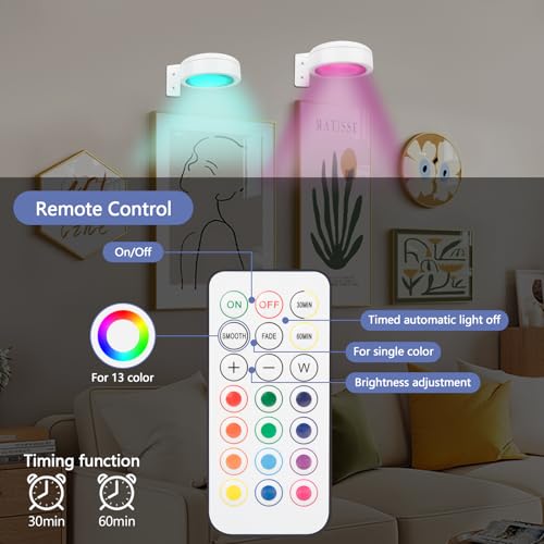 Image of Picture Lights for Wall, 2000mAh Rechargeable Battery Magnetic Poster Lights with 2 Color Modes&13 RGB, Dimmable Timer Painting Light, Wall Decor Light for Art Display and Picture