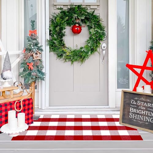 Ckorzen Red and White Plaid Rug, 24" x 51" Christmas Front Porch Outdoor Rug, Handwoven Cotton Washable Rug for Layered Door Mats, Holiday Entryway and Home Décor