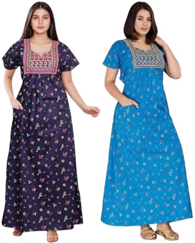 Image of NILOUFO Women's Cotton Jaipuri Nighty Gown - Pack of 2 Rajasthani Print Night Dresses | Maxi Sleepwear with Pocket | Soft Embroidered Loungewear for Ladies