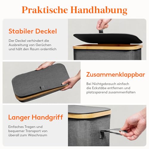 Lifewit 50L Wäschekorb Schmal mit Deckel, Faltbarer Wäschesammler Schmal mit Wäschesack, Laundry Basket Wäscheboxen aus Bambus mit Tragegriff für Apartment, Wohnheim und Wohnwagen,Dunkelgrau