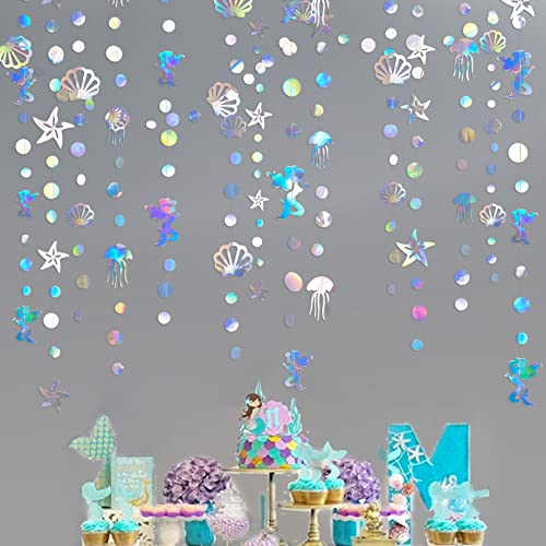 52Ft Iridescent Mermaid Party Decorations Bubble Pearl Starfish Seashell Jellyfish Garland Holographic Paper Bunting Streamers for Kids Birthday Baby Shower Ocean Little Mermaid Under The Sea Decor
