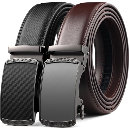 Image of Founders & C Mens Belt 2 Pack,Leather Ratchet Click Belt Dress with Slide Buckle 1 3 /8 inch in Gift Set Box- Size Adjustable