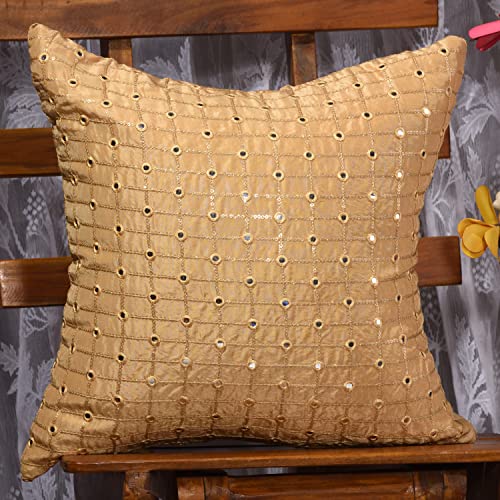 Image of Yellow Decorative Cushion Covers 20x20 inches Set of 2, Embroidered Mirror Work Pillow Covers, Designer Sofa Cushion Covers with Sequins