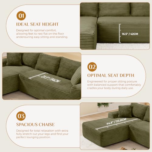 Image of 95 inch Boneless Cloud Sectional Couches for Living Room, Comfy Fluffy L Shaped Memory Foam Deep Seat Boneless Couch, Modular Sectional Sofa with Left Facing Chaise, Olive Green