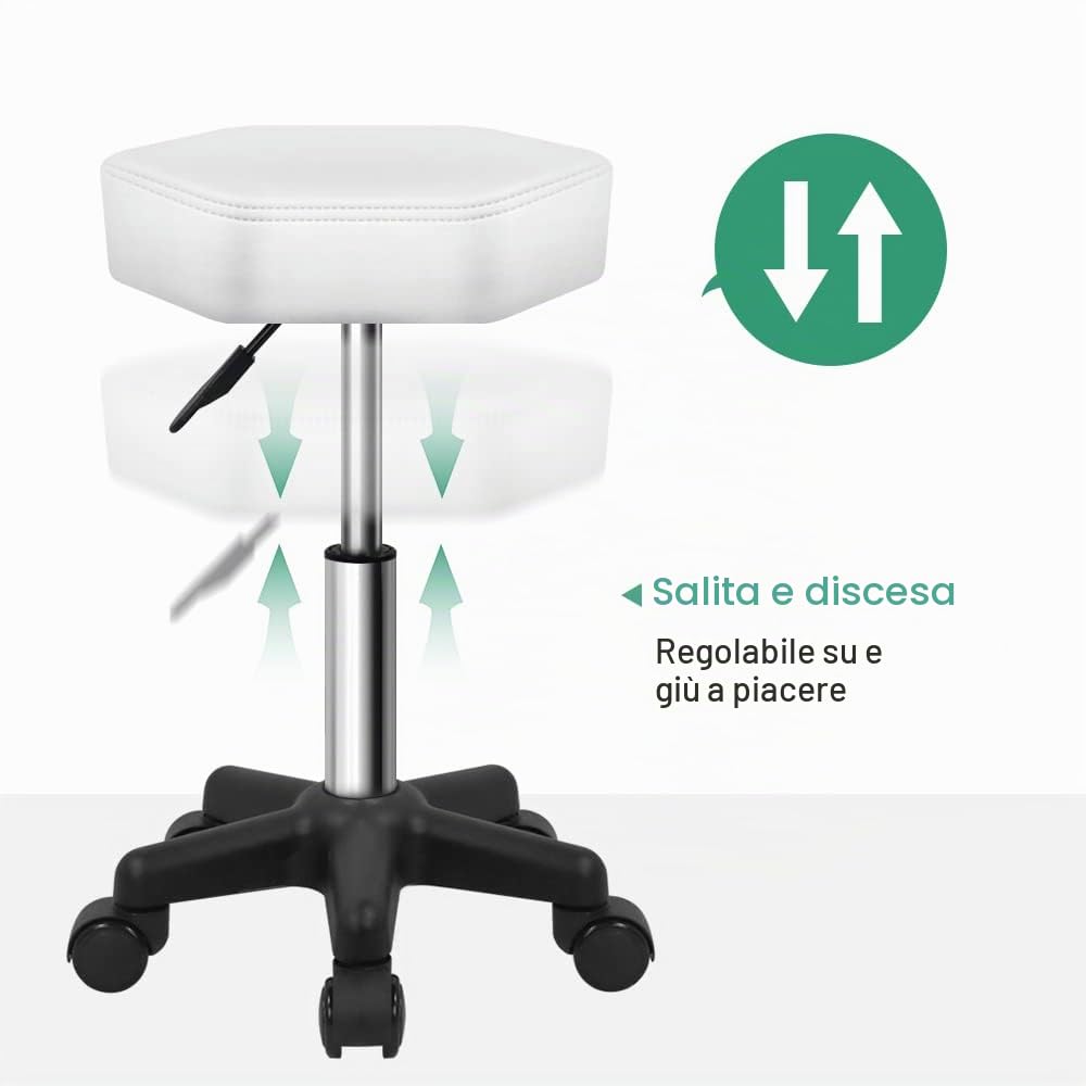 FURWOO Sgabello girevole esagonale altezza regolabile con ruote per Spa Salon Massage Bianco
