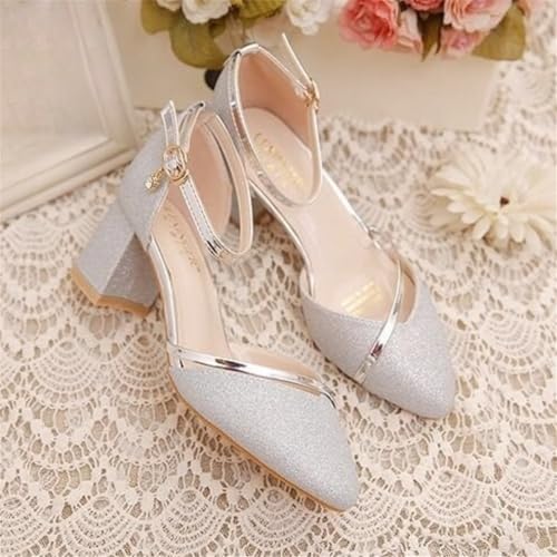 Women's Chunky High Heel Pumps Pointed Toe Ankle Strap Closed Toe Dress Shoes for Wedding Party Occasions4