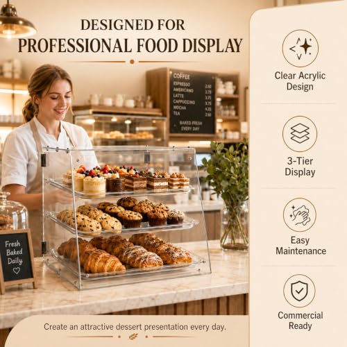 Image of WantJoin Pastry Display Case, 22-inch 2-Tier Countertop Display Case with Magnetic Doors & 3 Trays, Acrylic Commercial Food Display for Bakery, Bread, Dessert,