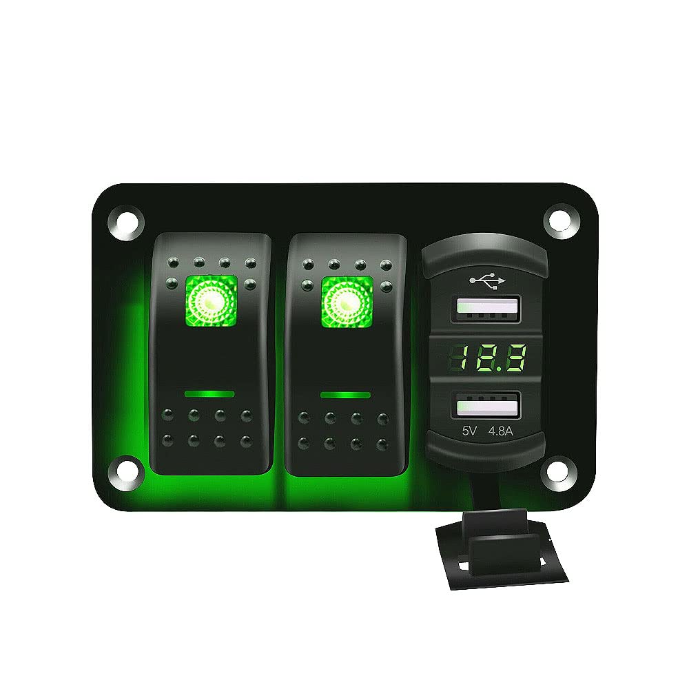Riloer Panel de interruptor de combinación de 2 bandas, 12 V/24 V, panel de control de interruptor basculante de encendido y apagado con enchufe USB doble, con luz LED azul/rojo/verde