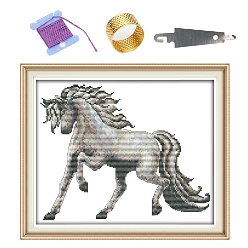 Stamped Cross Stitch Kits for Beginners,Full Range of Crossstitching Kits Preprinted Pattern for Kids or Adults, Embroidery Needlepoint Starter Kits 11ct 3 Strands -Horse, 16.9x14.6 inch