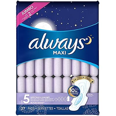 Always Maxi, Size 5, Extra Heavy Overnight Pads with Flexi-Wings, Unscented, 27 Count. 2 Pack. (Includes (2) 27-Count Packages So You are Getting 54 Pads Total.) Jumbo Pack. Over 4 Month Supply.