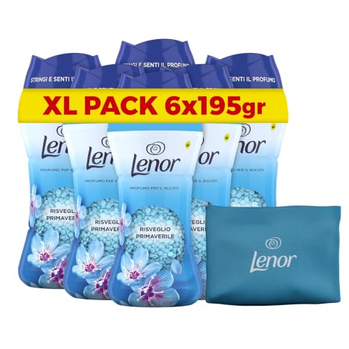 Lenor Profumatore Bucato Lavatrice, Risveglio Primaverile, 6x195gr +Omaggio | Intensificatore di profumo per bucato, maxi formato, pochette in regalo