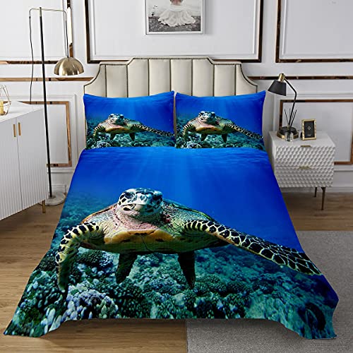 feelingyou Colcha de tortuga marina de 220 x 240 cm, colcha con 2 fundas de almohada, estampado de tortuga y coral, acolchado, para niños, adolescentes, habitaciones, regalo, 3 unidades