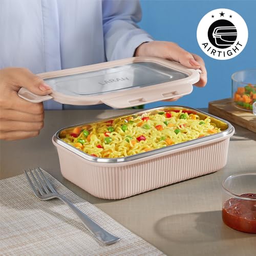 Image of Larah by BOROSIL Freshbyte Food Storage Container with Airtight Stainless Steel Lid | Fridge Container for Lunchbox | Food Grade | Microwave Safe (Beige, 800 ml, Rectangular)