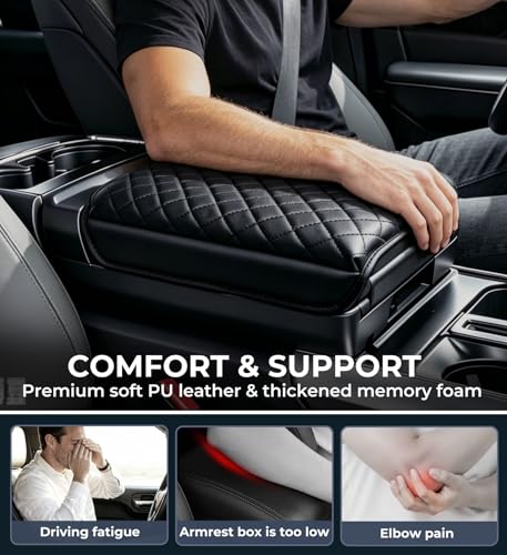 Image of Center Console Cover for Ford F150 2021-2026 & F150 Lightning 2022-2026, Fits Work Surface Console Only, 1.2-Inch Thick PU Leather Armrest Cushion Protector with 2 Side Pockets, Black