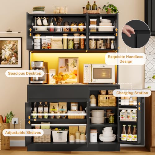 Image of TEENFON Pantry Cabinet with Charging Station and LED Light, Kitchen Pantry Cabinet with Microwave Stand, Kitchen Storage Cabinets with Adjustable Shelves and Door Shelves for Dining Room, Black