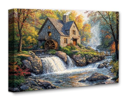 The Old Mill Rustic Watermill Autumn Painting 16x20 Stretched Canvas Poster– Vintage Countryside Cabin Lodge Decor, Tranquil River Landscape, Nature-Inspired Fall Foliage Wall Art, Idyllic Retreat Art