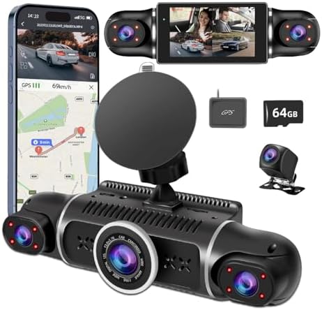 360° Dash Cam Front and Rear View 4 Channel Dash Camera FHD 2K+1080Px3 for Car, Inside/Back 170°+2x150°+170° Wide Angle, 8 IR Lamps Night Vision,WiFi,GPS, APP,G-Sensor with 64GB Card,24/7 Parking Mode
