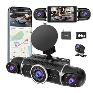 360° Dash Cam Front and Rear View 4 Channel Dash Camera FHD 2K+1080Px3 for Car, Inside/Back 170°+2×150°+170° Wide Angle, 8 IR Lamps Night Vision,WiFi,GPS, APP,G-Sensor with 64GB Card,24/7 Parking Mode
