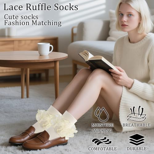 Image of Women Big Ruffle Ankle Socks Adult Double Lace Frilly Socks Fold Cuff Cotton Ruffled Dress Crew Bobby Bride Sock