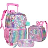 HTgroce 3 in 1 Pink Rolling Backpack for Girls, Kids Roller Wheels Bookbag, PWR Girls Backpack with Wheels Suitcase School, Wheeled School Bag and Lunch Bag & Pencil Case