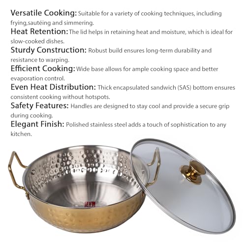 Image of Zaib TOPSYTUVRY Stainless Steel Hammered Gold PVD Coated Kadhai with Glass Lid 24 CM | Heavy Gauge Kadai for Cooking, Frying & Deep Frying