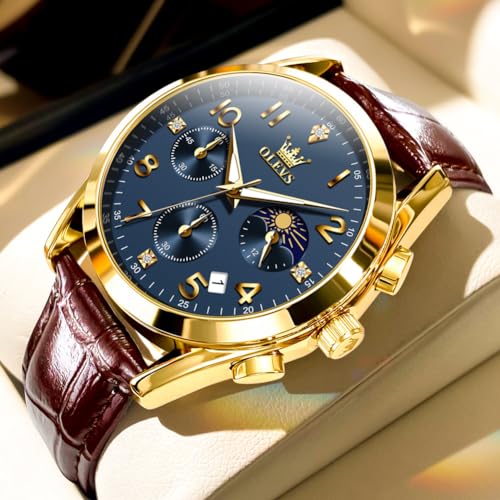 Image of OLEVS Men's Watches Brown Leather with Date,Casual Watches for Men,Large Face Watches Men,Chronograph Mens Watch,Sport Waterproof Business Dress Analog Quartz Men's Wrist Watches Reloj De Hombre