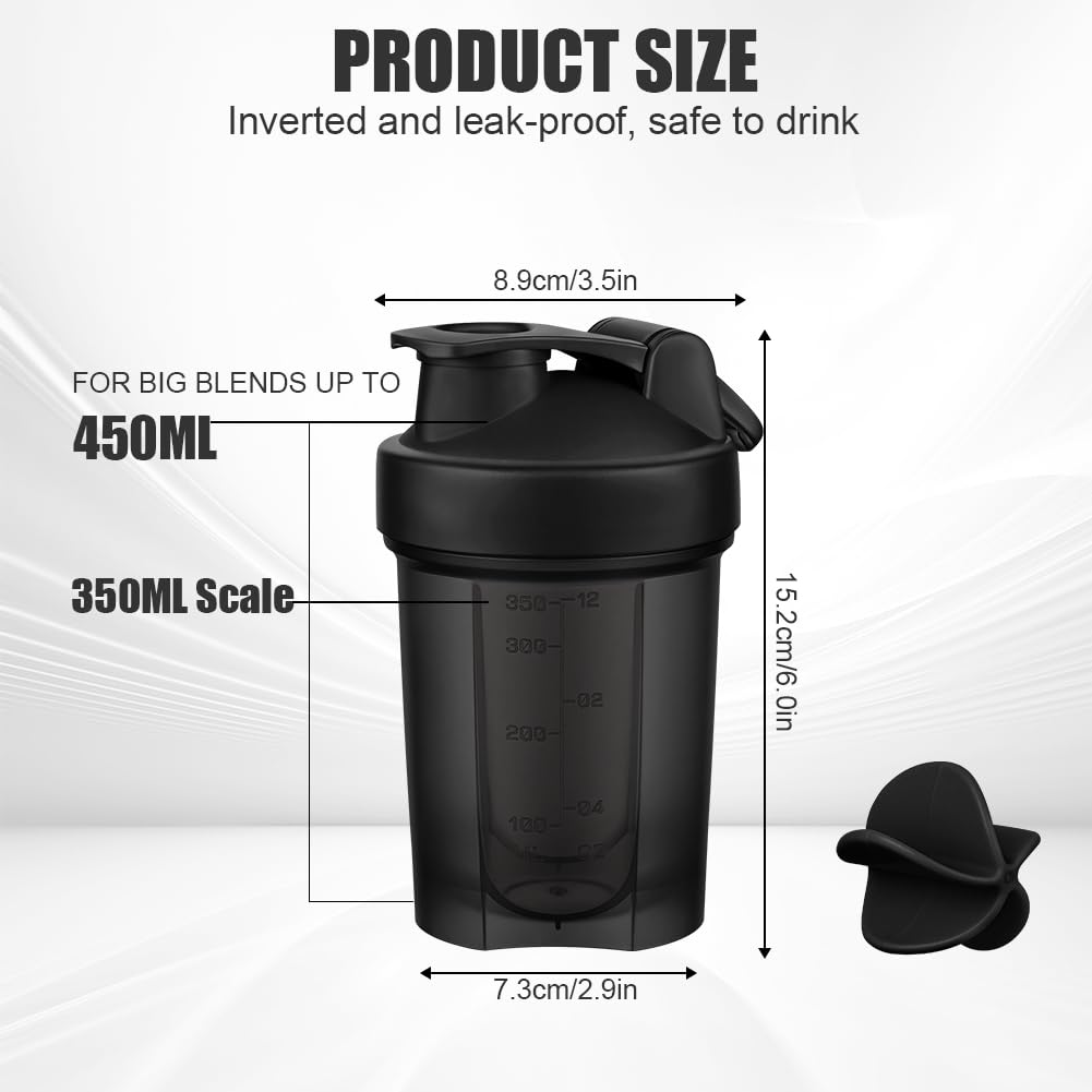 AOOWU Shaker per Proteine, 2 Pcs Shaker Proteico 350 ML con Sfera di Miscelazione, Agitatore Snap-Fit, Protein Bottiglie a Prova di Perdite, Bottiglie per Miscele di Proteine e Integratori, Senza BPA