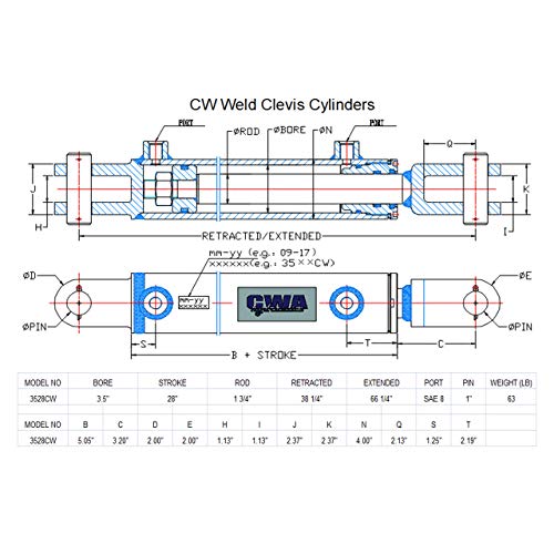 Image of CW Weld Clevis Cylinder 3 1 /2 inch Bore x 28 inch Stroke x 1 3 /4 inch Rod x SAE 8 Port x 3000 PSI