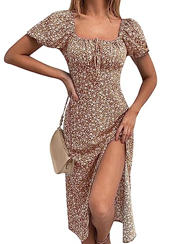 SPRIME Women's Floral Summer Casual Dress Square Neck Puff Sleeve Boho Midi Dresses Ruched Bust High Waist Split Long Dress2