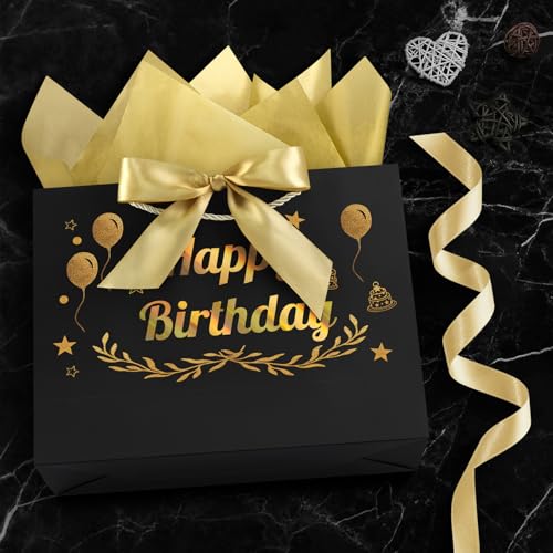 Image of JMANNI Black Gold Happy Birthday Gift Bag with Card and Tissue Paper, 12.6 inchx9.84 inchx3.9 inch Elegant Present Bag for Men Women, Year Old Birthday Keepsake Party Supplies