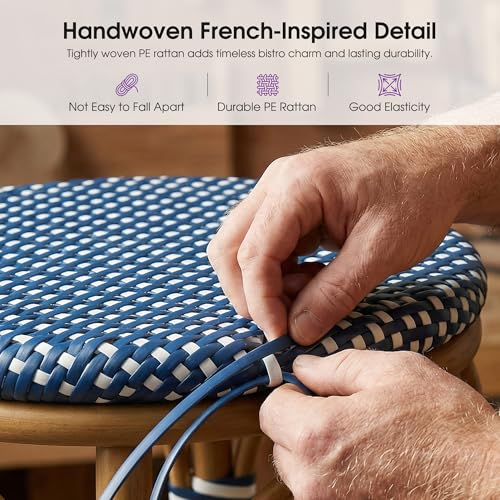 Image of PURPLE LEAF Outdoor French Round 30 inch Bar Stool Set of 2 Oversized Backless Stackable Bar Chairs with Rattan Wicker Bamboo Print Aluminum Frame for Patio Island Poolside Bistro Deep Blue